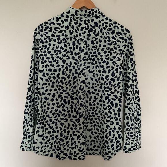 Talbots Sz L Mint Green & Navy Graphic Cheetah Classic Cotton Button Up Shirt - Picture 3 of 10